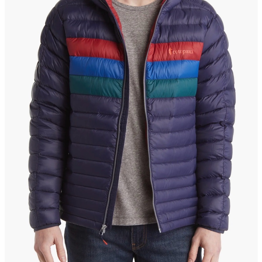 Cotopaxi Navy and Multicolor Striped Puffer Jacket